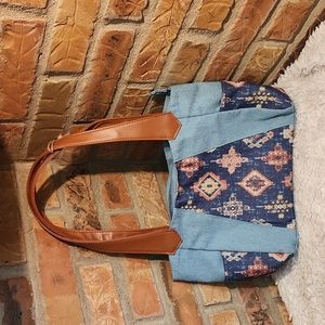 Canyon Sky Blue & Orange Geometric Aztec Tote Bag 2 End Pockets NWT
